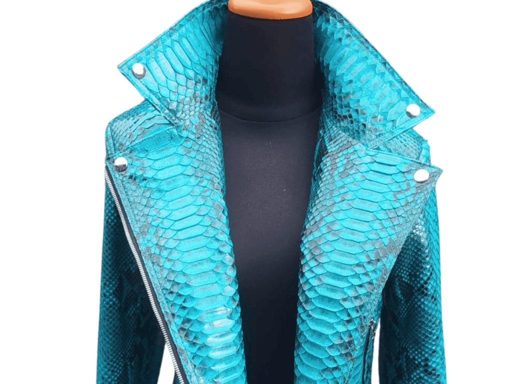 Turquoise snakeskin leather jacket with pointed collar and snap buttons, zip edge