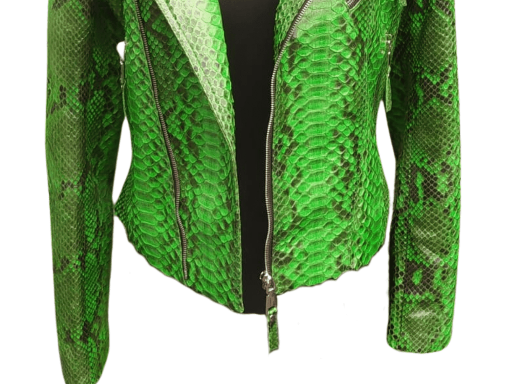 Green snakeskin leather jacket with asymmetrical zip and zipper pull, fitted waist