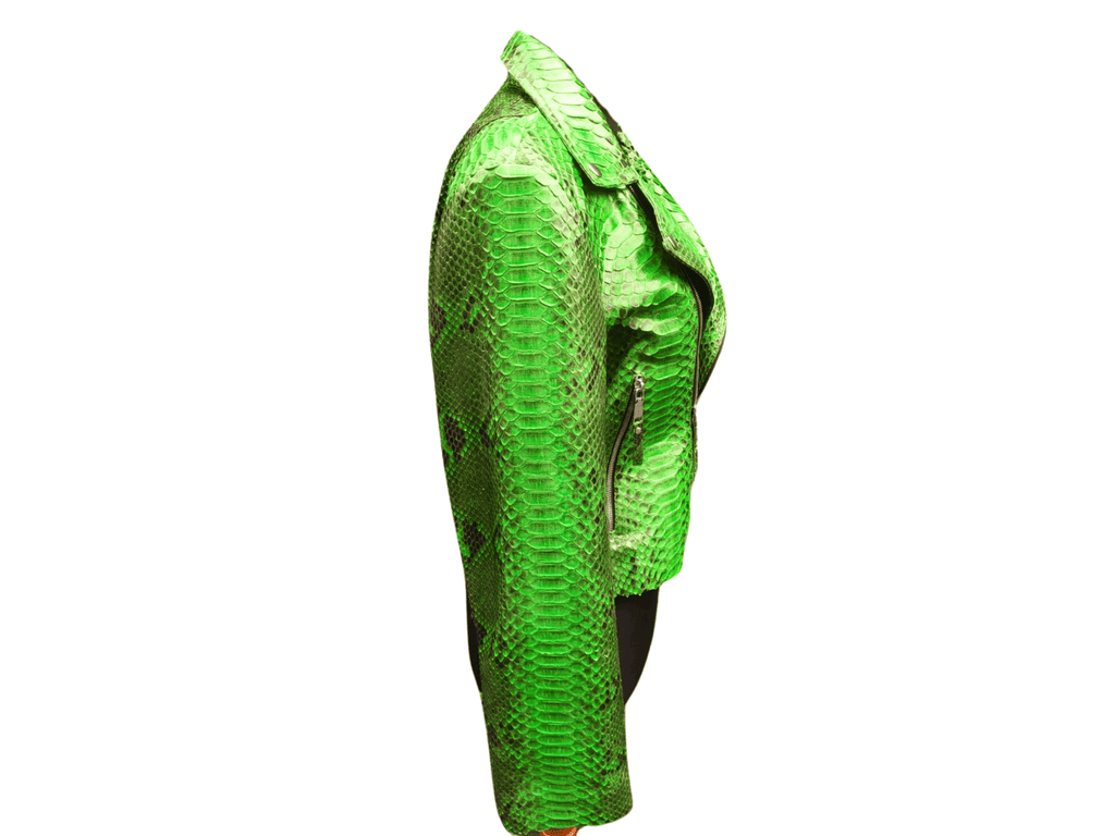 Green snakeskin leather jacket, side view with zip and waist belt detail