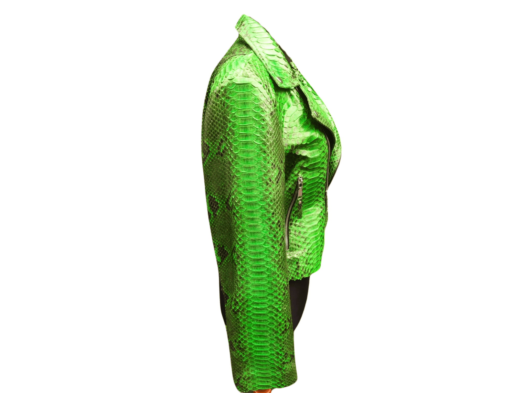 Green snakeskin leather jacket, side view with zip and waist belt detail