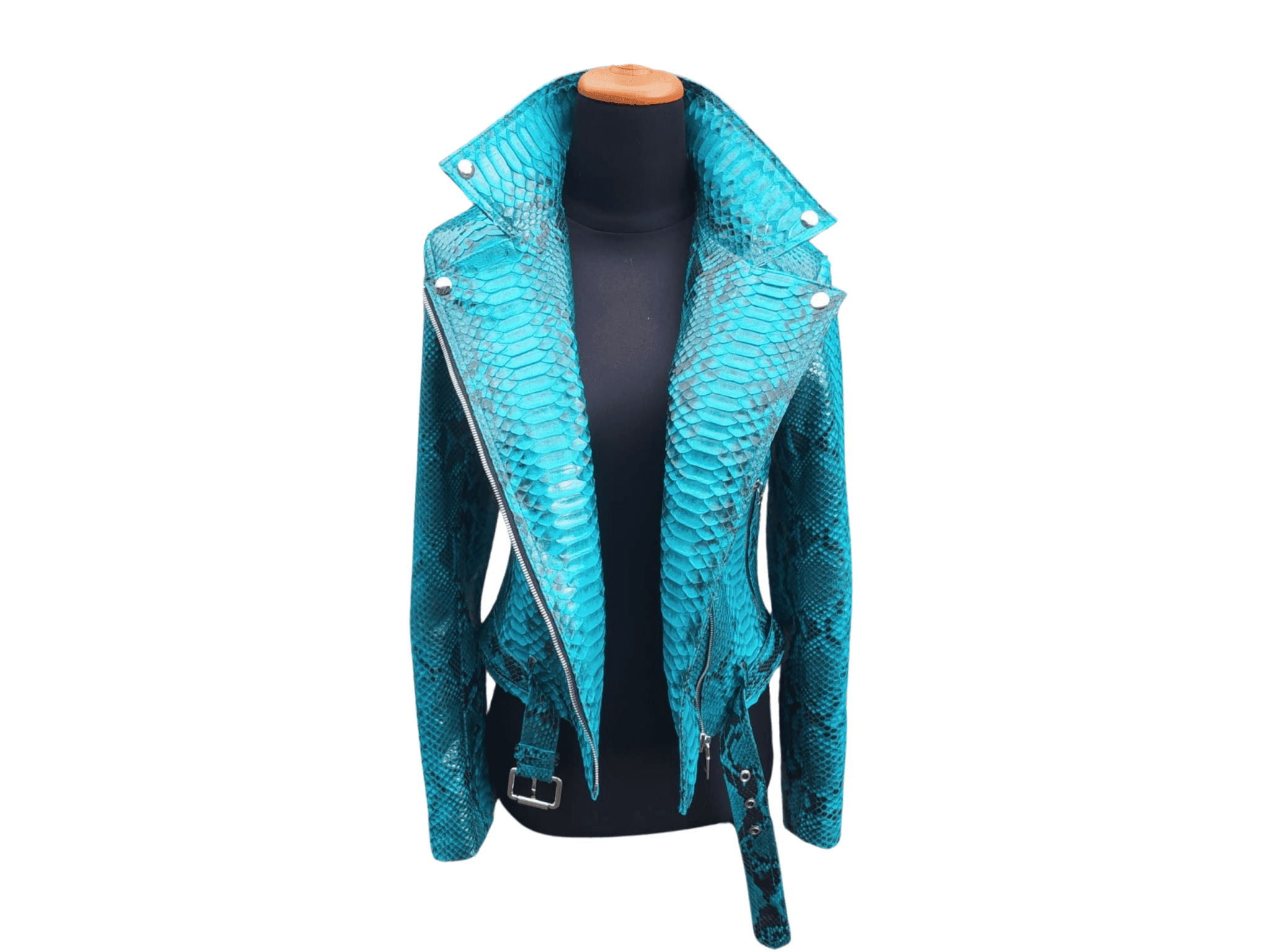Turquoise snakeskin leather jacket with open front and wide collar, snap buttons