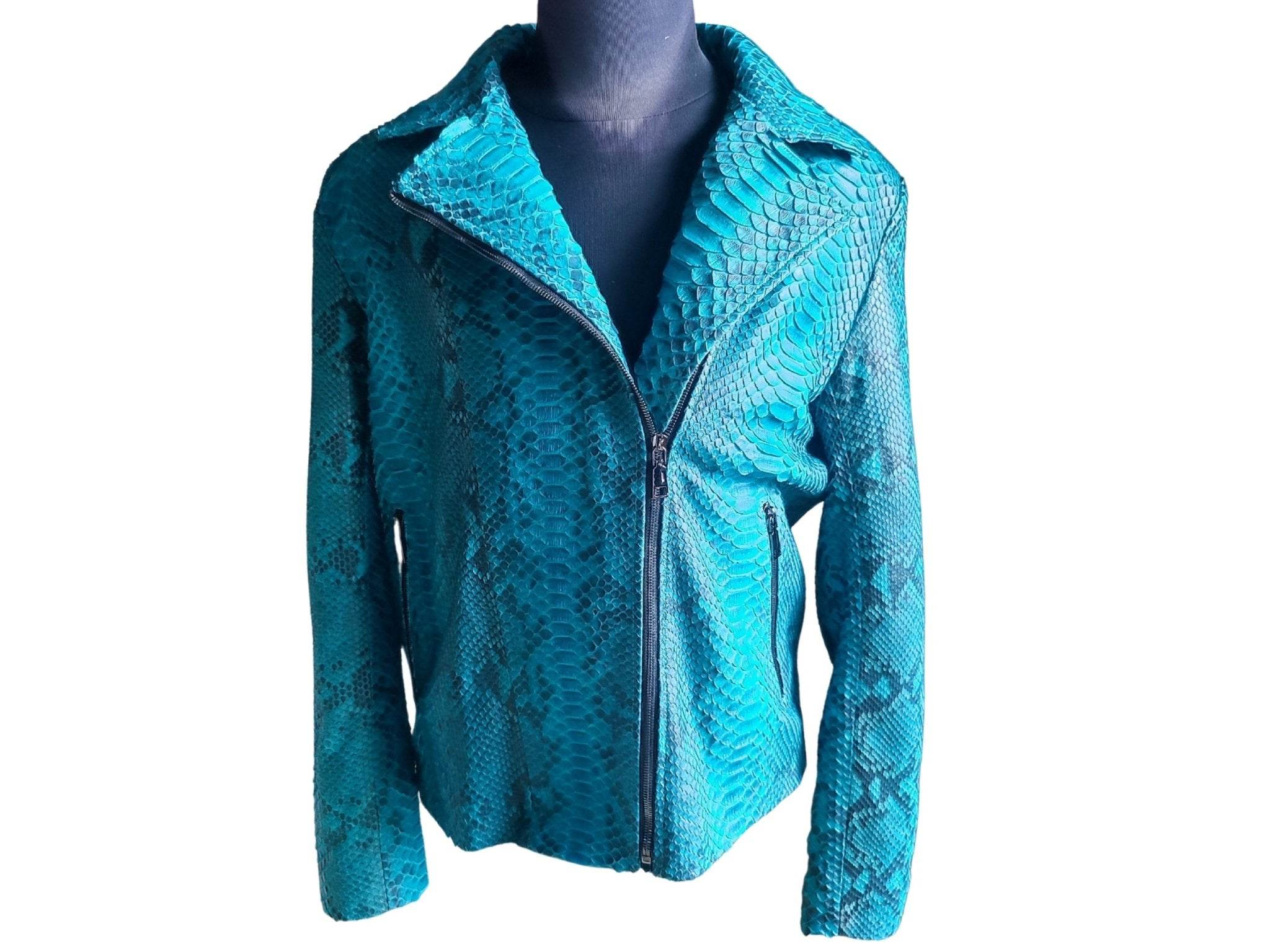 Turquoise snakeskin motorcycle leather jacket, front zip and stand collar detail.