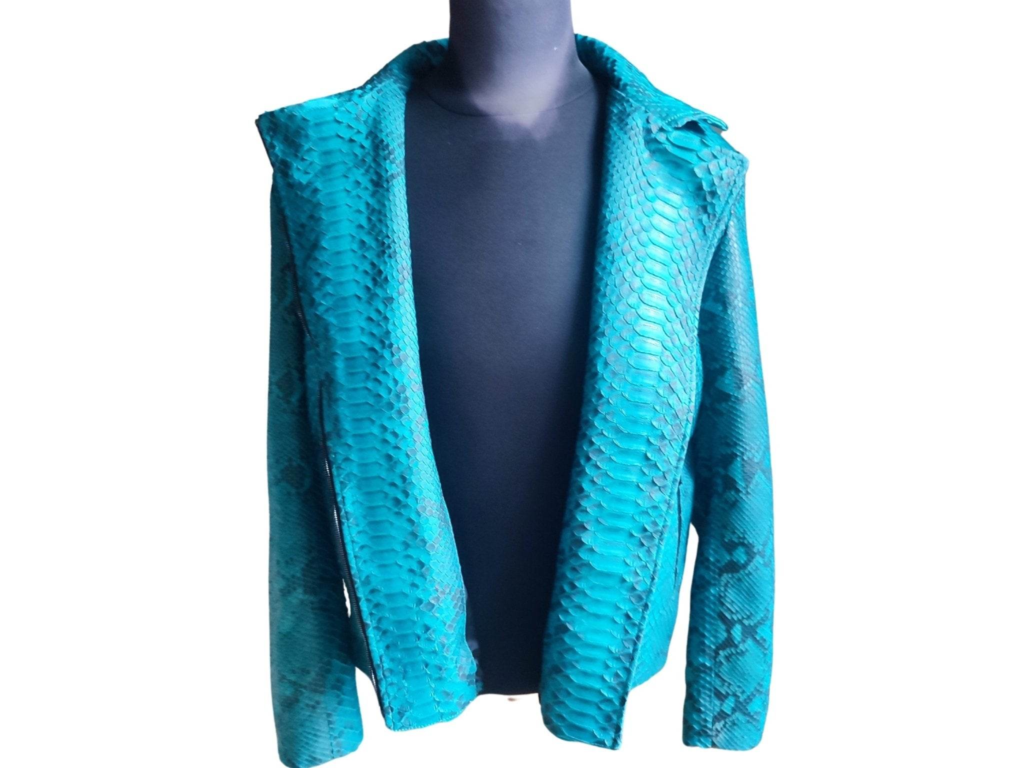 Turquoise snakeskin motorcycle leather jacket, front view with wide collar and zip front.