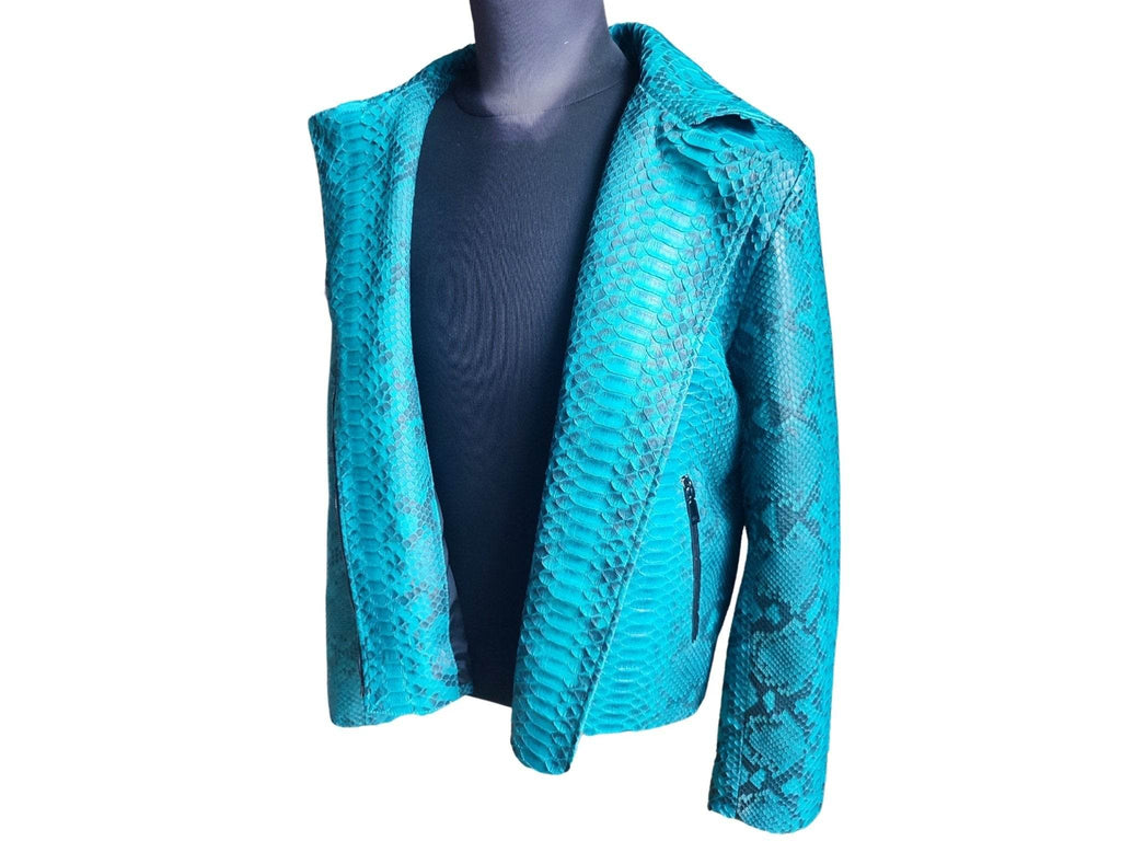 Turquoise snakeskin motorcycle leather jacket, angled view with zip pocket at chest.