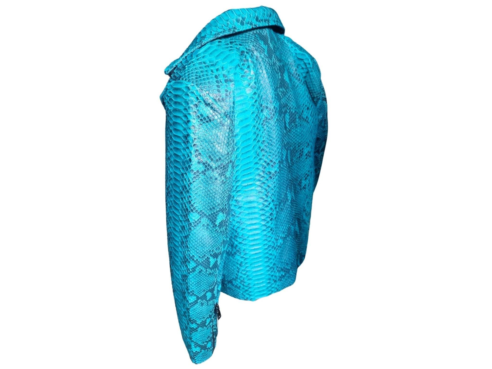 Turquoise snakeskin motorcycle leather jacket, side view with short stand collar and zip front.