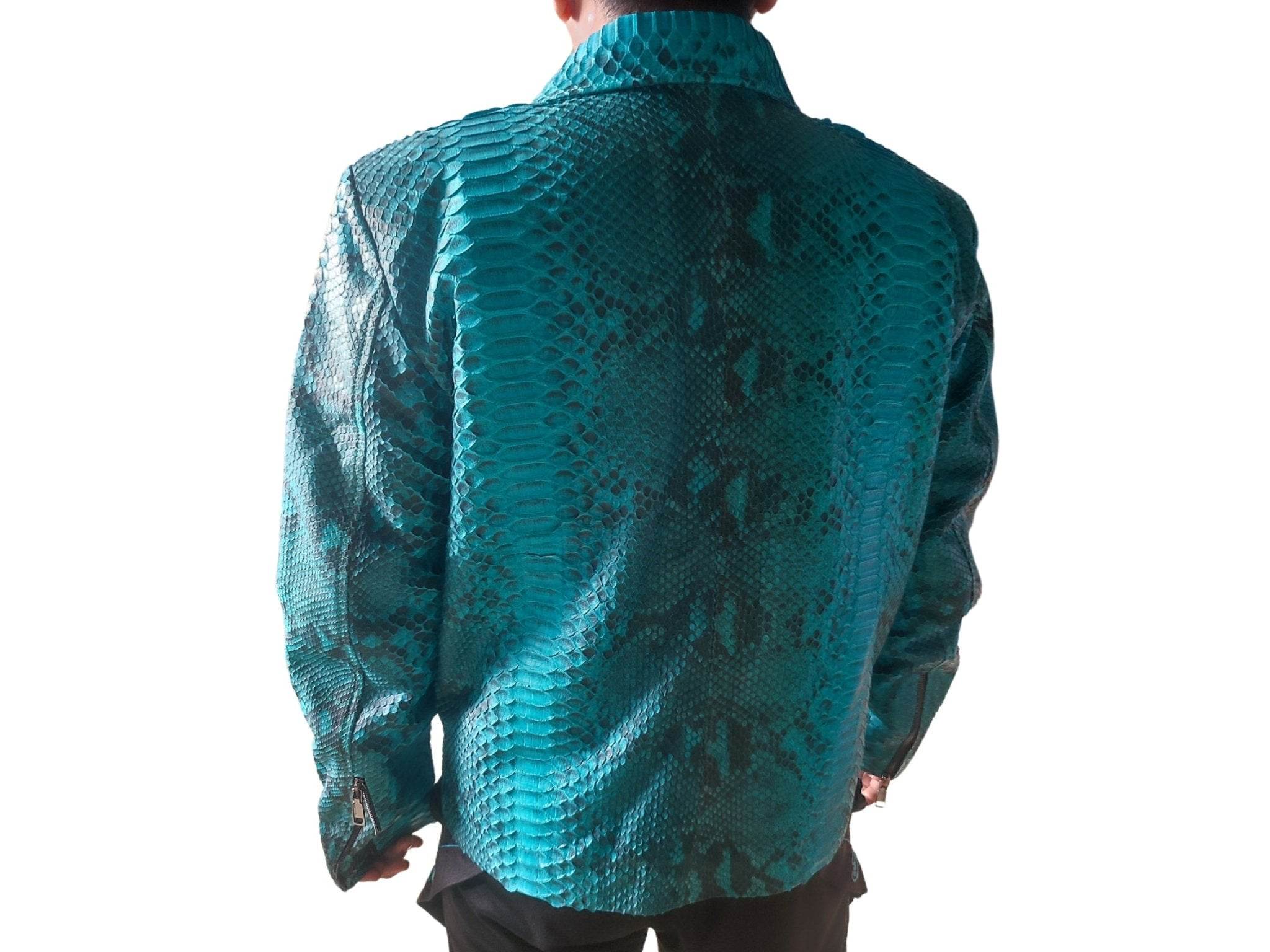 Turquoise snakeskin motorcycle leather jacket, back view with collar and seam detailing.