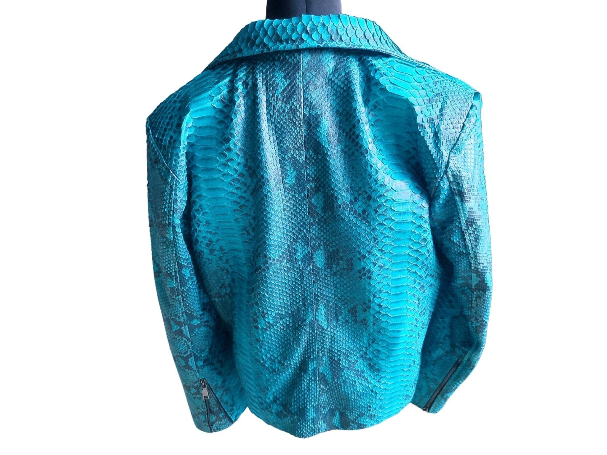 Turquoise snakeskin motorcycle leather jacket, back view with stand collar and zip pocket details.
