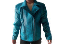 Turquoise snakeskin motorcycle leather jacket, front view with stand collar and zip closure.