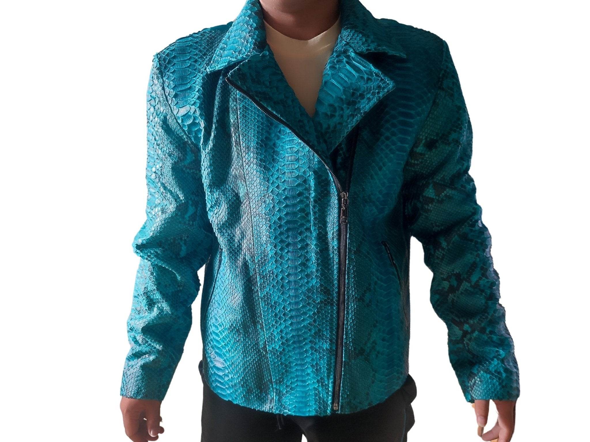 Turquoise snakeskin motorcycle leather jacket, front view with stand collar and zip closure.