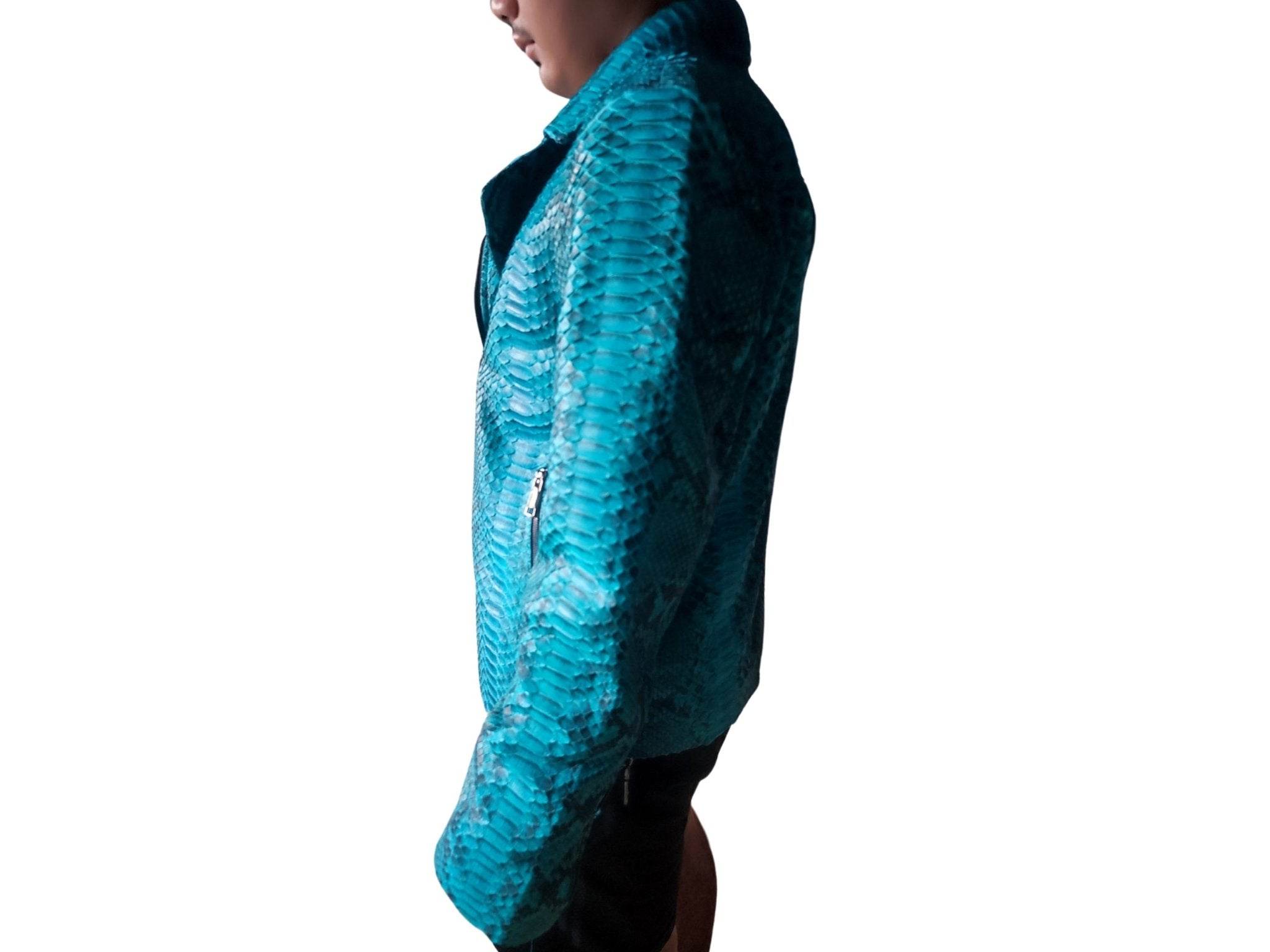 Turquoise snakeskin motorcycle leather jacket, side view with zip pocket and sleeve panel.