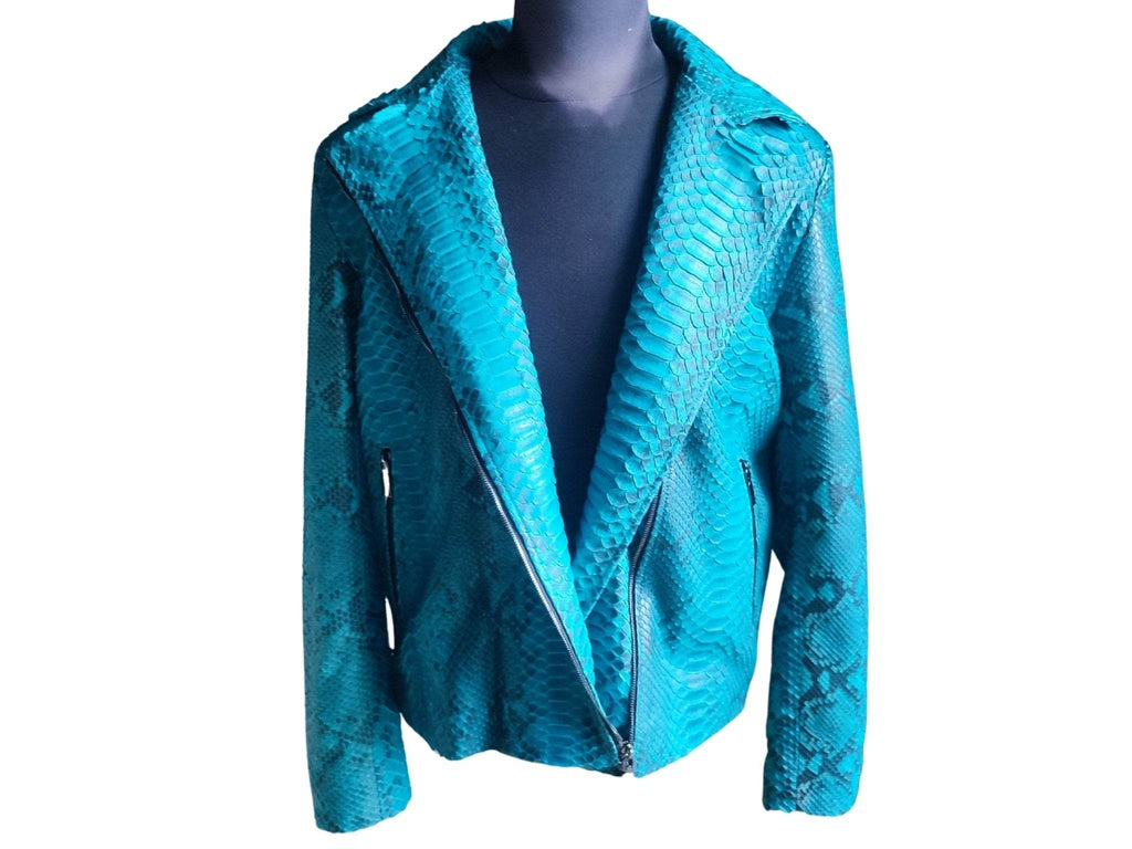 Turquoise snakeskin motorcycle leather jacket with V-shaped collar and diagonal zip.