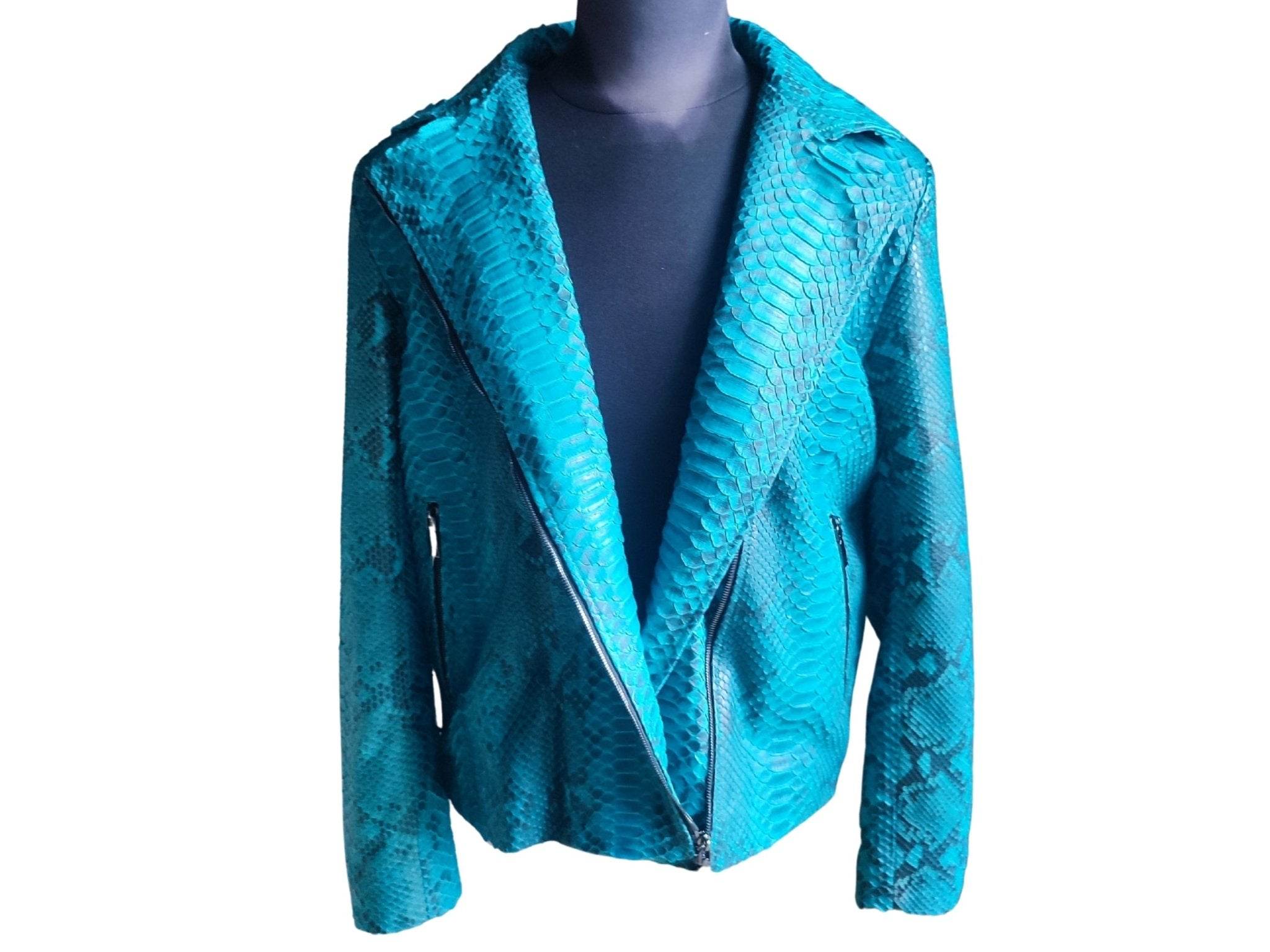 Turquoise snakeskin motorcycle leather jacket with V-shaped collar and diagonal zip.