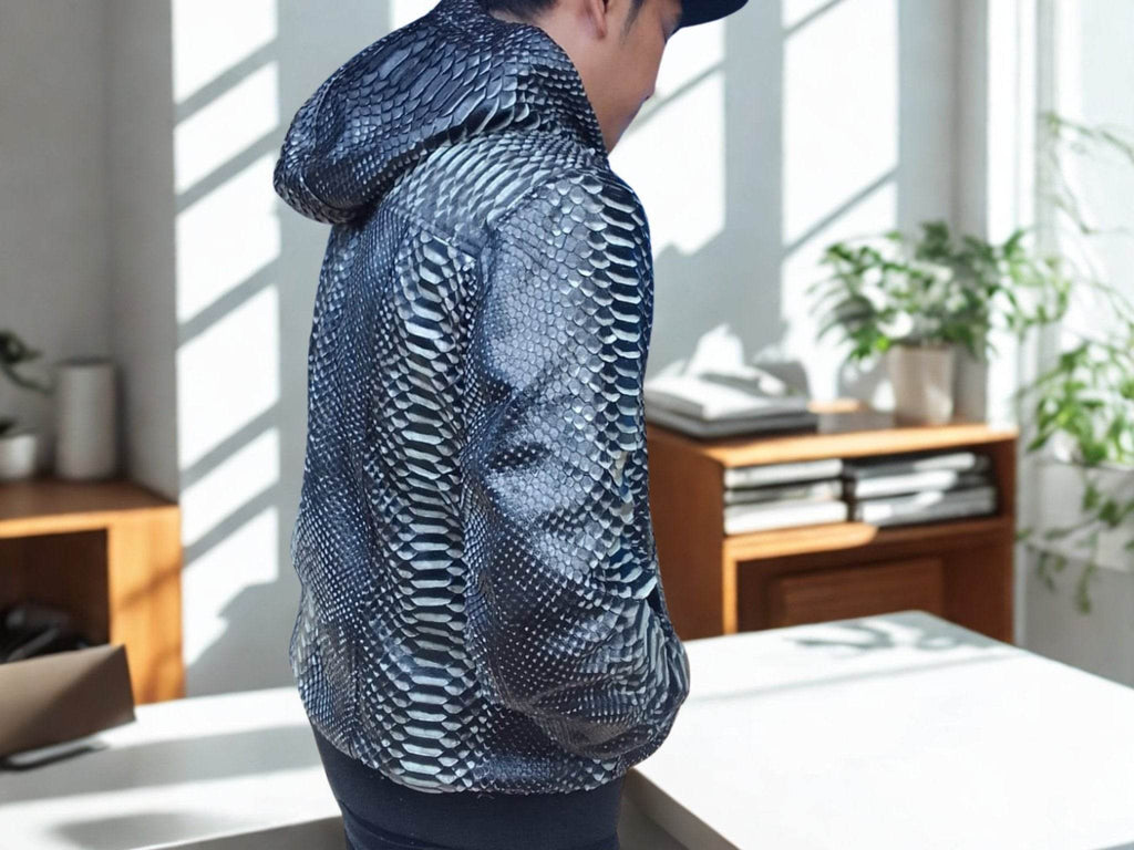 Varsity snakeskin leather jacket with removable hood, blue-gray textured finish, side view
