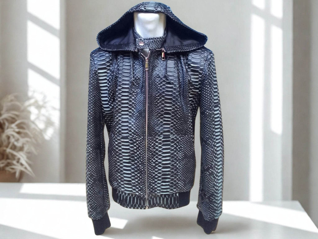 Snakeskin leather varsity jacket with raised hood and front zipper, ribbed cuffs.