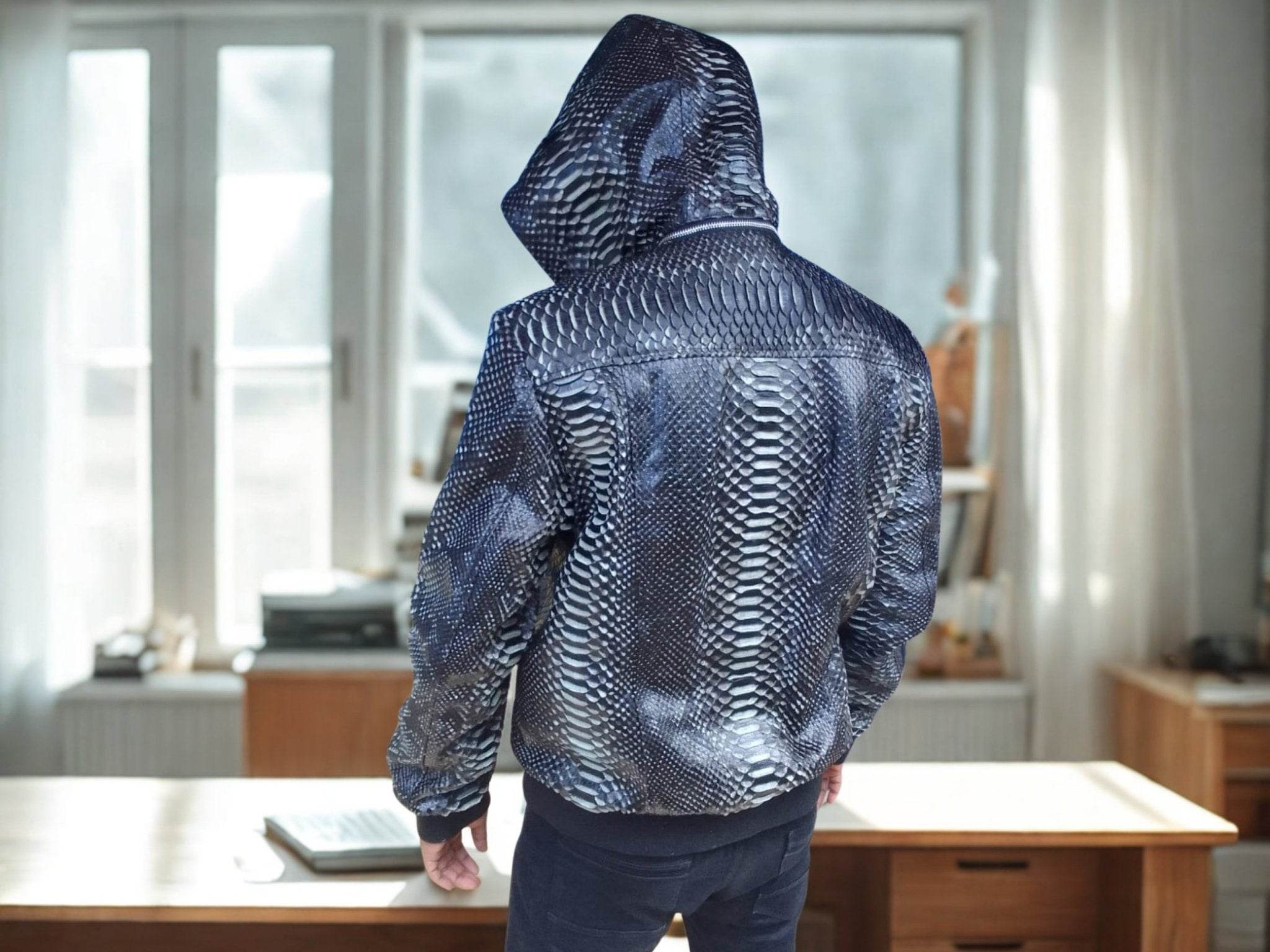 Snakeskin leather varsity jacket with hood up, front zipper, and patterned back view.