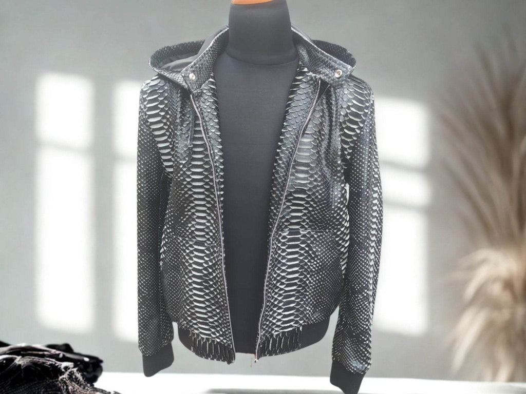 Snakeskin leather varsity jacket with deep V neckline and front zipper, hood removed.