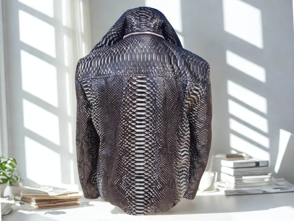 Back of snakeskin leather varsity jacket with hood and front zipper panel.