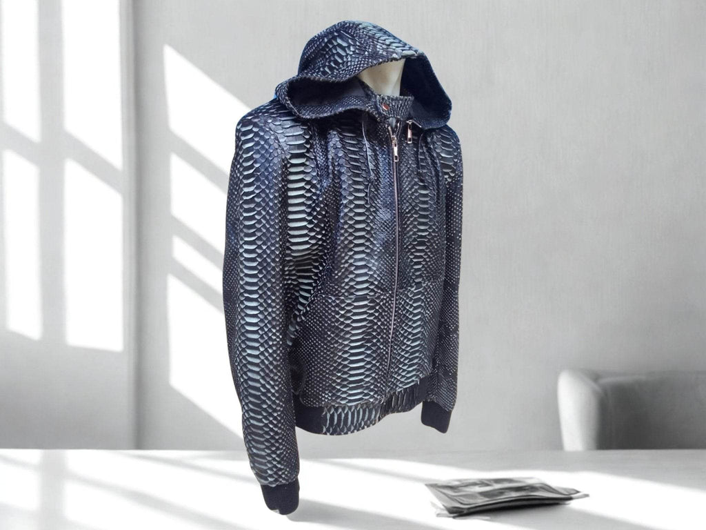 Snakeskin leather varsity jacket with removable hood up and front zipper.