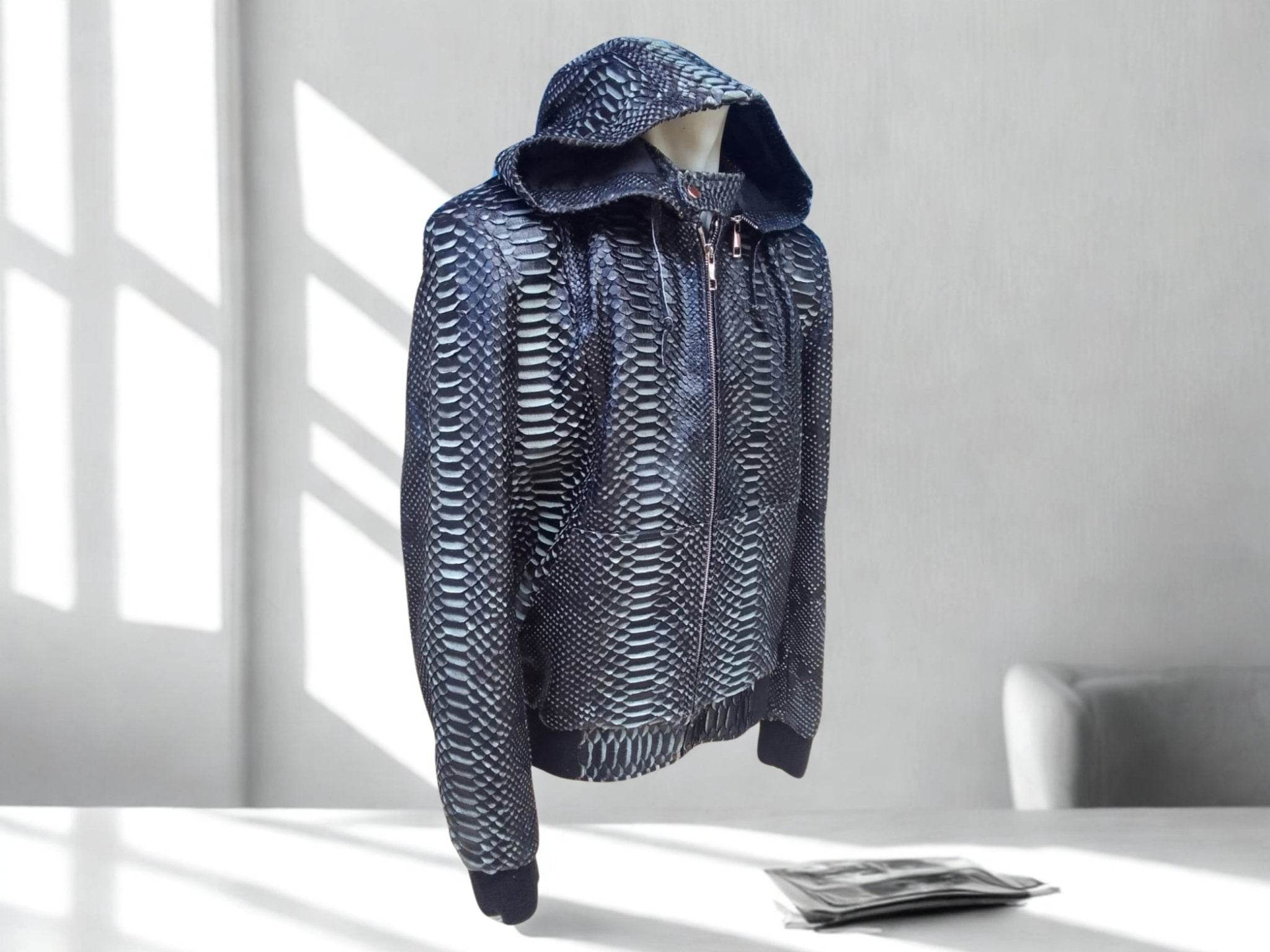 Snakeskin leather varsity jacket with removable hood up and front zipper.