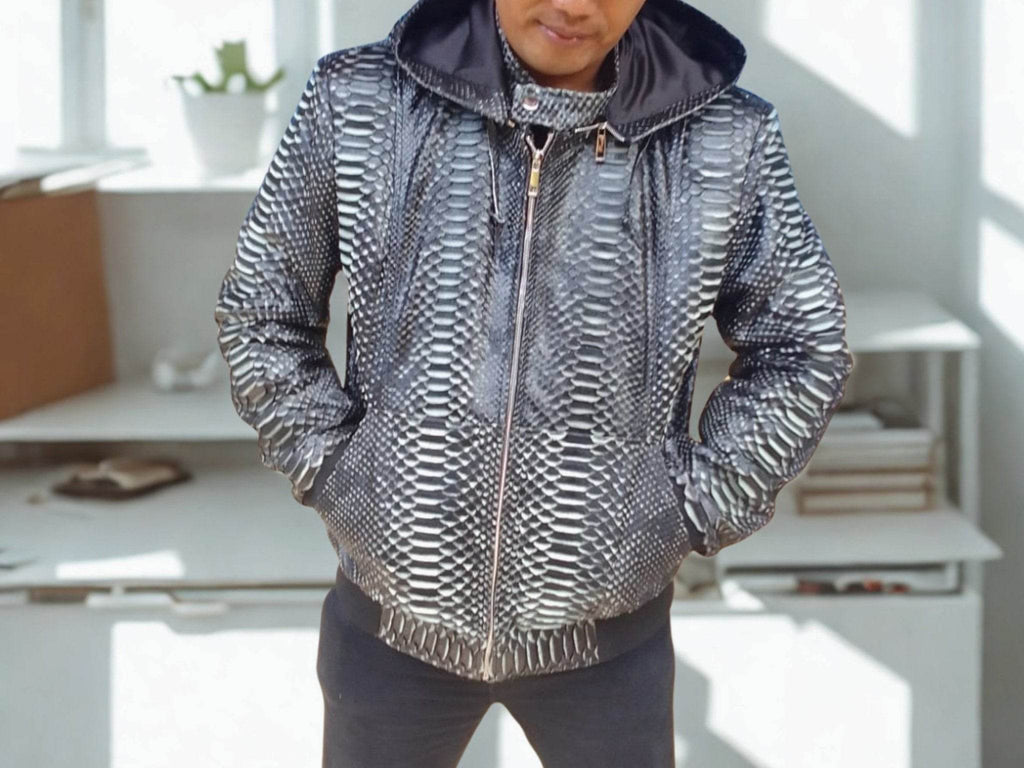 Snakeskin leather varsity jacket with hood and front zipper, ribbed cuffs and waistband.