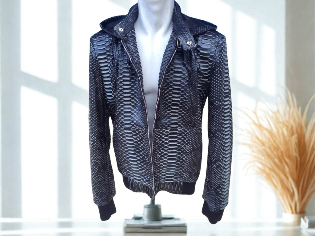 Dark snakeskin leather varsity jacket with hood and front zipper, long sleeves.