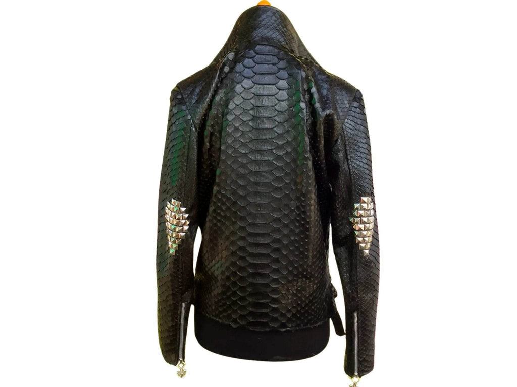 Dark blue snakeskin leather jacket with asymmetrical front zipper and snap details