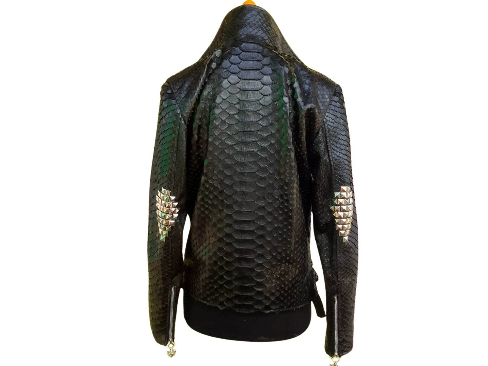 Dark blue snakeskin leather jacket with asymmetrical front zipper and snap details