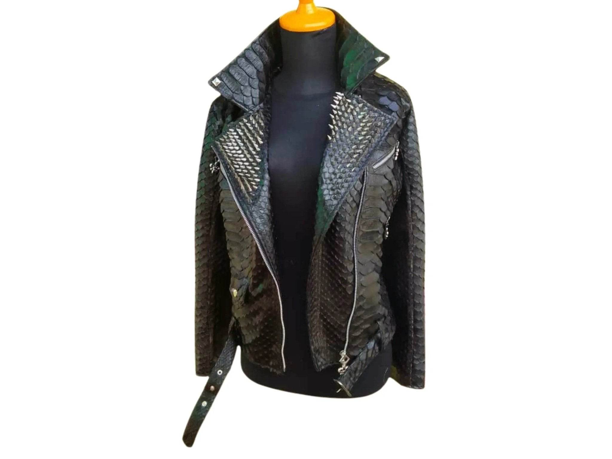 Dark snakeskin leather biker jacket with asymmetrical zip, lapels, and snap straps