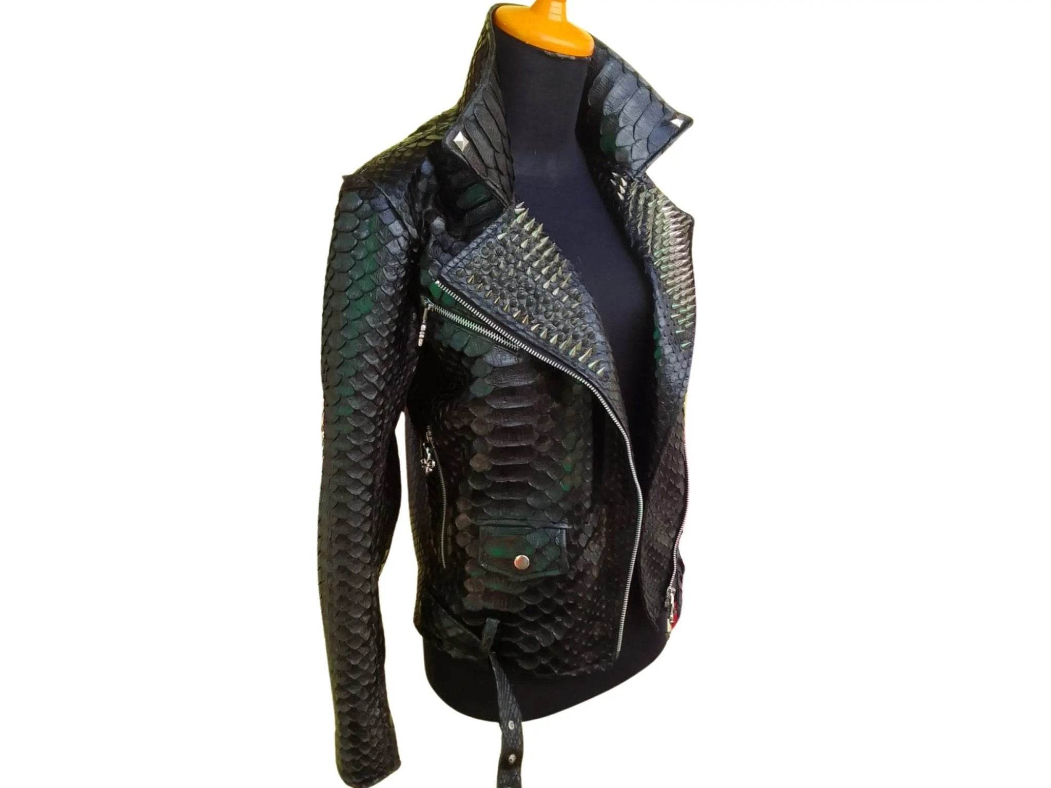 Dark green and blue snakeskin leather jacket with asymmetrical zip and stand collar