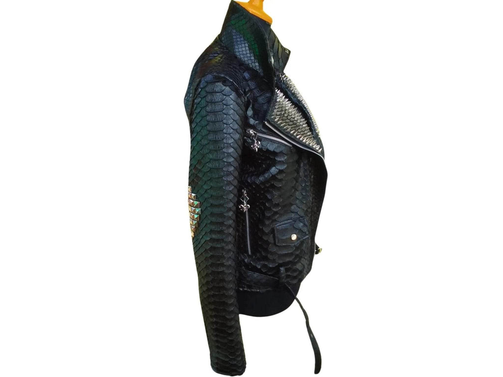 Black and dark blue snakeskin leather jacket with asymmetrical zipper and chest pocket