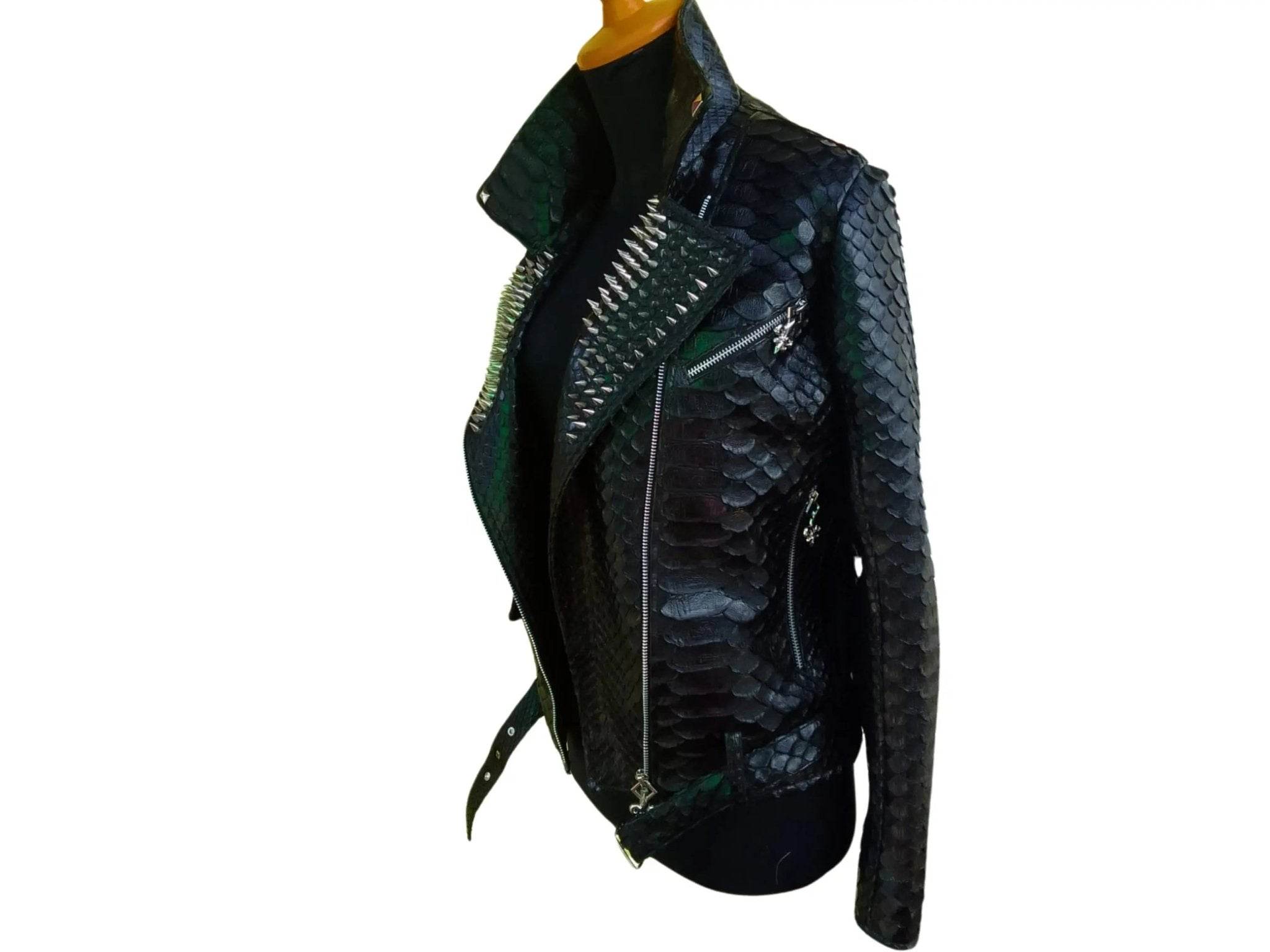 Dark snakeskin leather jacket with asymmetrical zip, stud details, and long sleeves