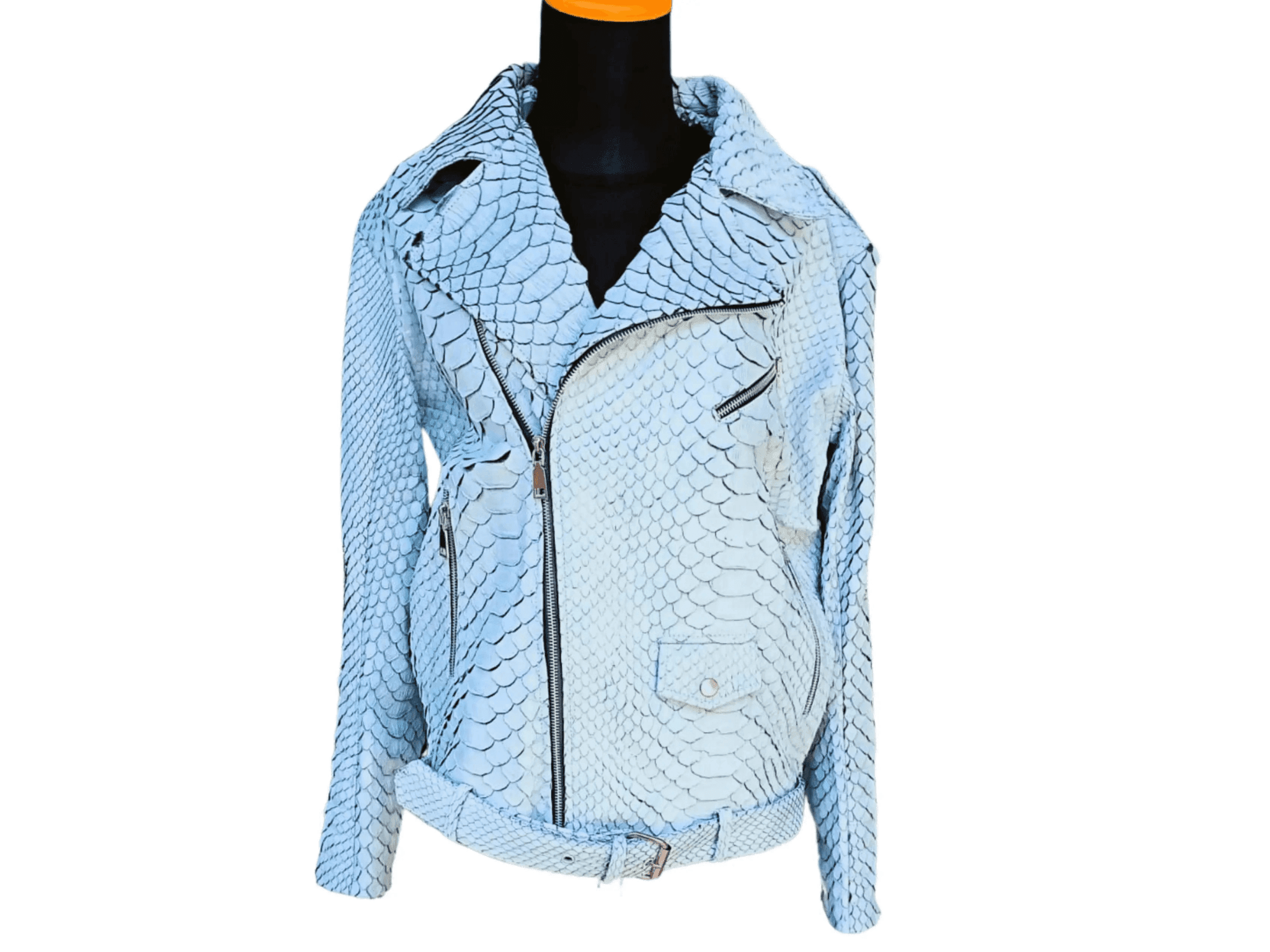 Light blue snakeskin-style motorcycle leather jacket with stand collar