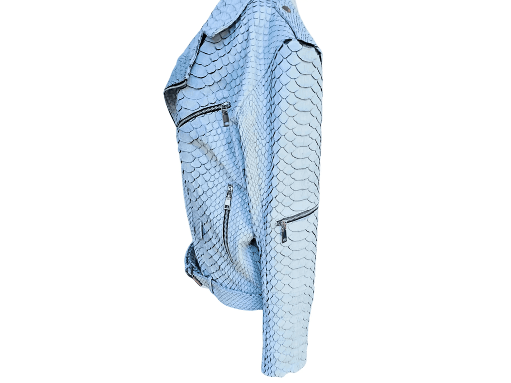 Light blue snakeskin-style motorcycle leather jacket with diagonal zip pockets