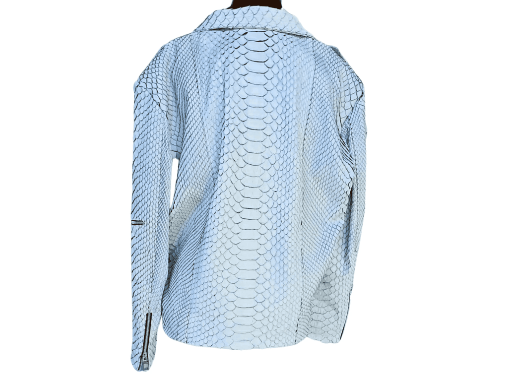 Light blue snakeskin-style motorcycle leather jacket, back view with zip detail
