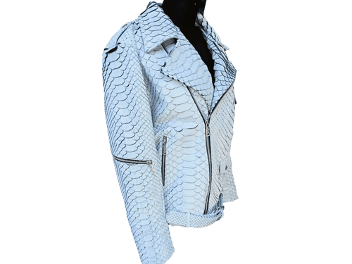 Light blue snakeskin-style motorcycle leather jacket, front zip and moto pockets
