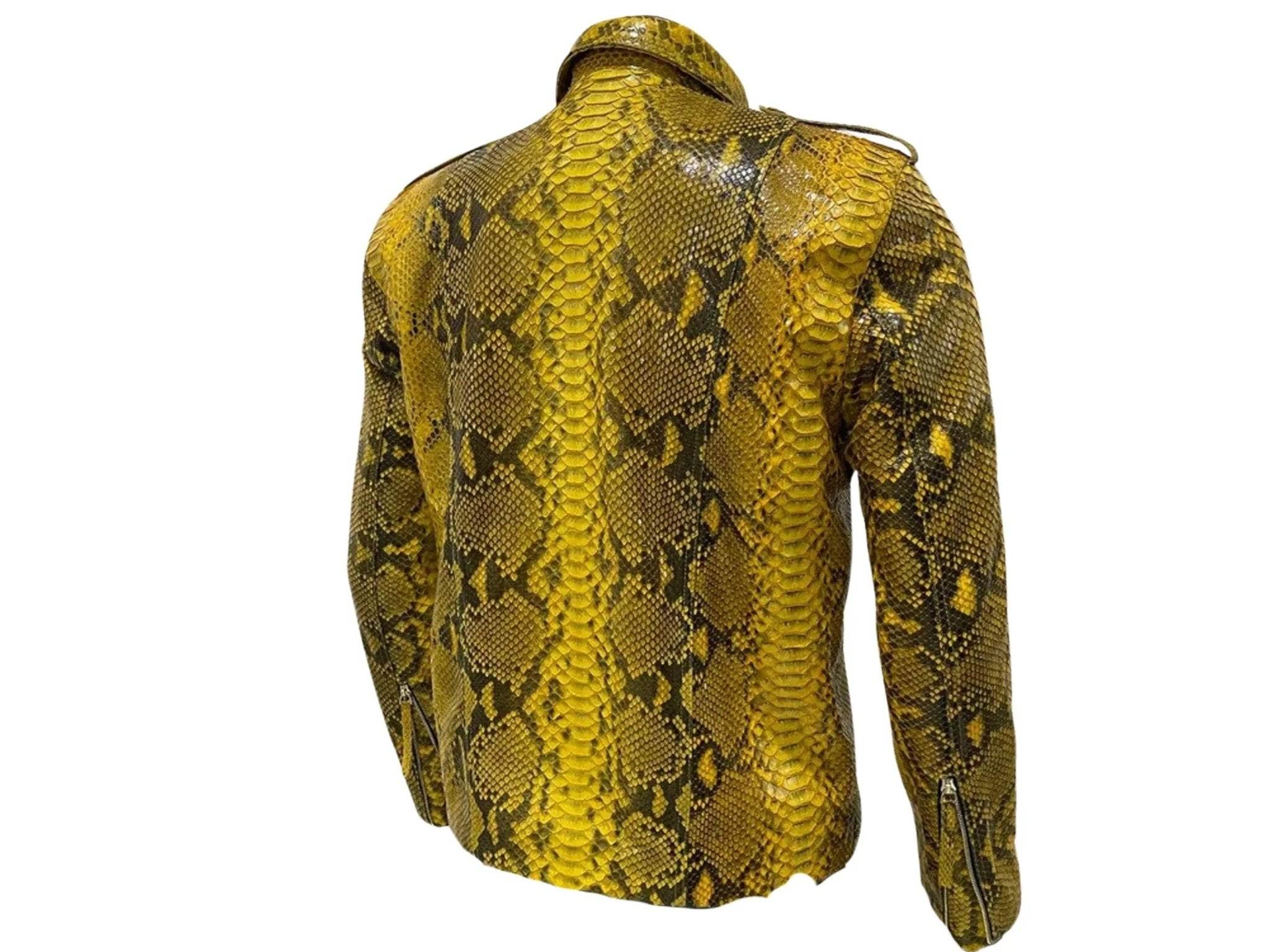 Yellow snakeskin leather jacket back view with full sleeves and textured scale pattern