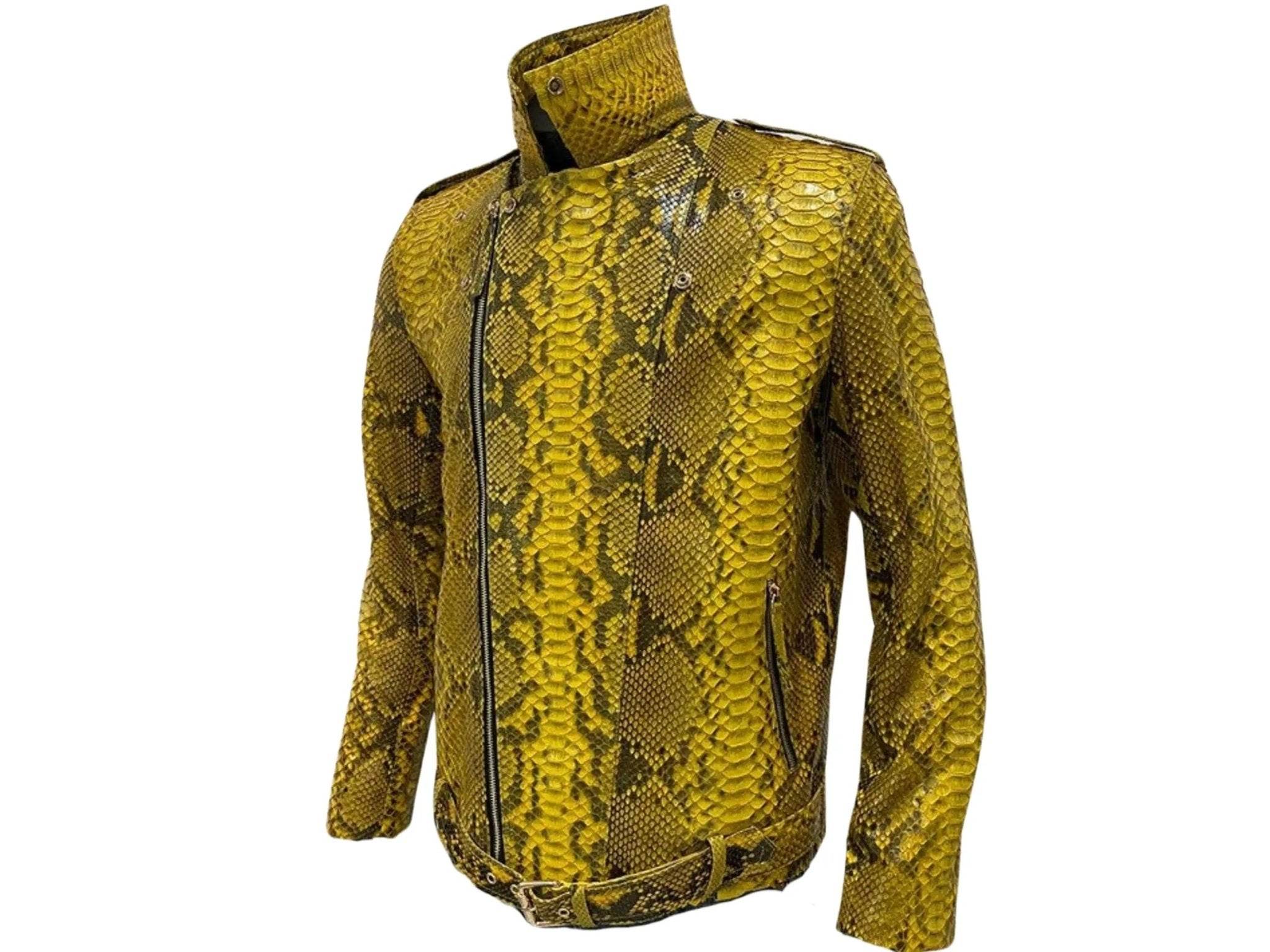 Yellow snakeskin leather jacket back view with stand collar and zip detail