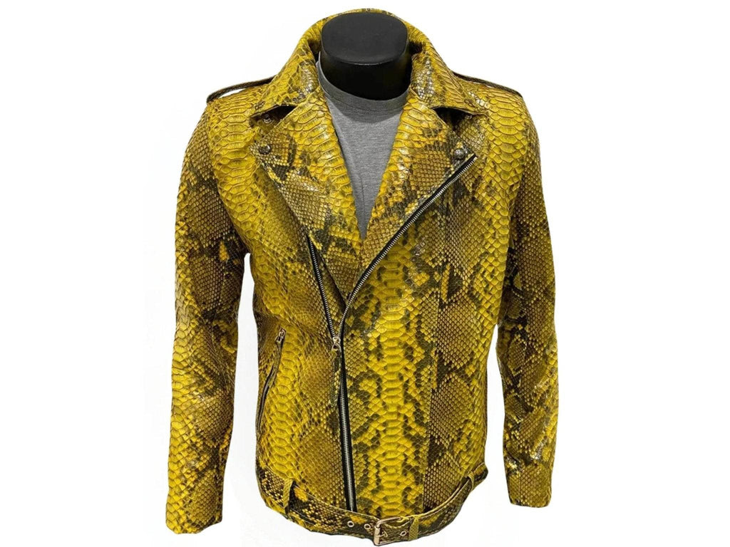 Yellow snakeskin leather jacket with zip-front biker style, notch collar, and long sleeves