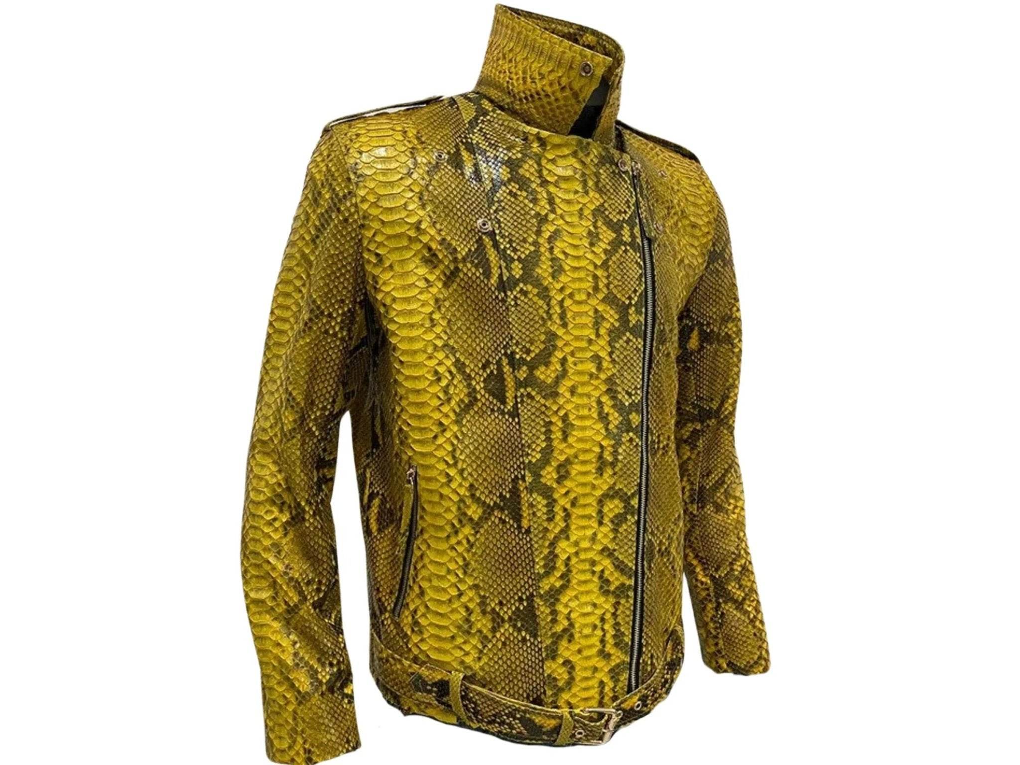 Yellow snakeskin leather jacket back view with high stand collar and long sleeves