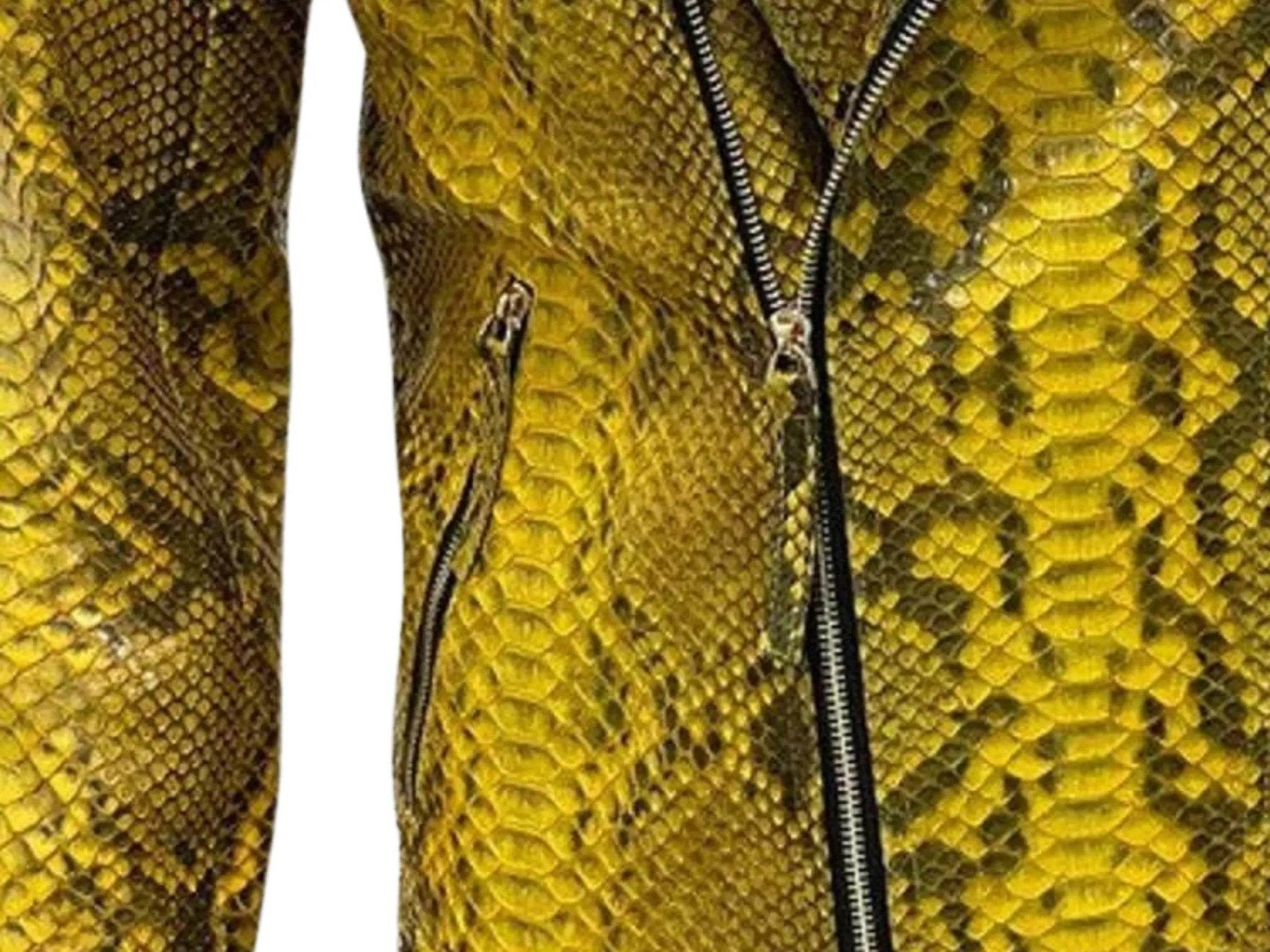 Yellow snakeskin leather jacket detail with asymmetrical zip-front and textured scale pattern